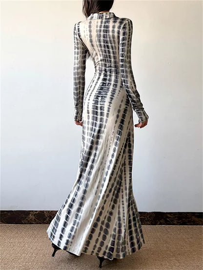 Bedrucktes Damen-Midikleid mit langen Ärmeln und Seitenschlitz