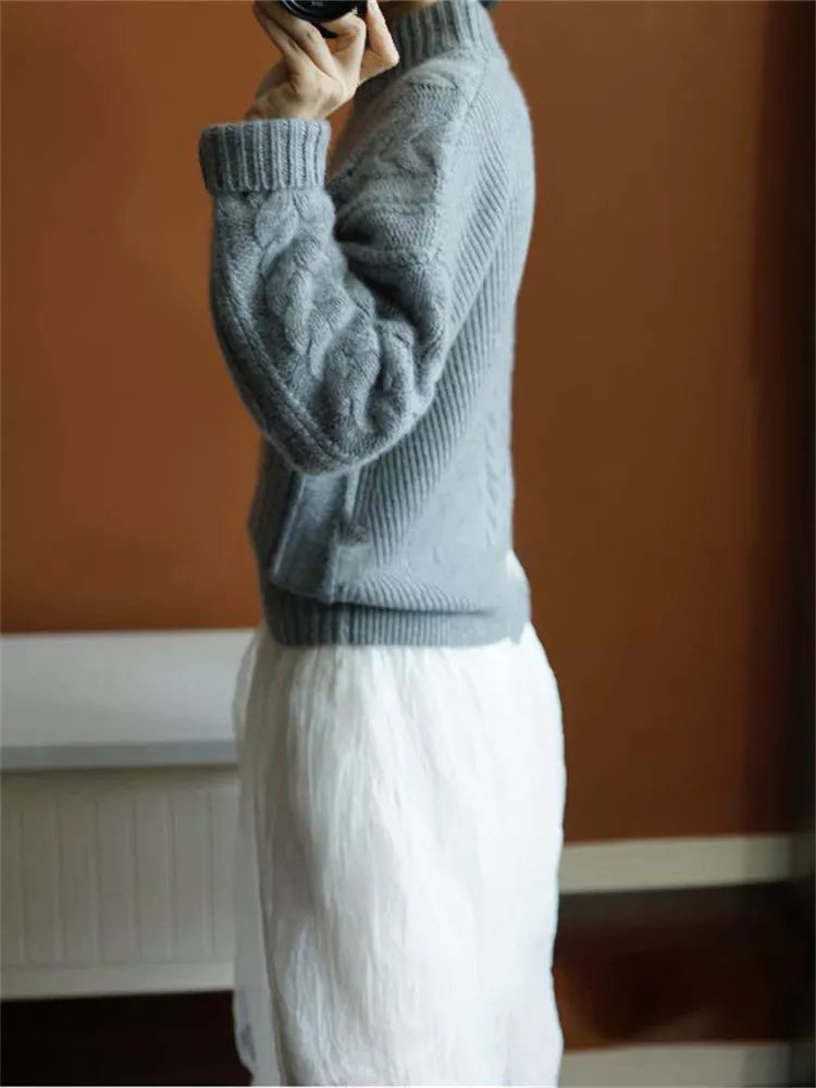 Dicker Damen-Zopfstrickpullover mit Stehkragen – Grobstrickpullover für den Winter