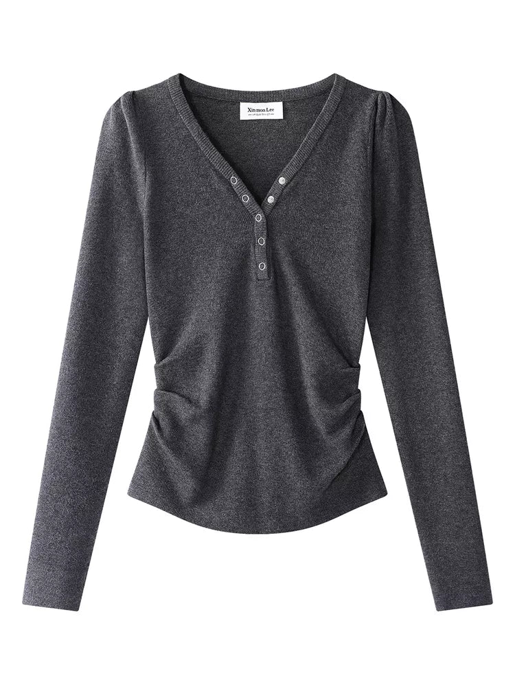 Dark Gray Sweet-Chic V-Neck Slim Knit Top for Women