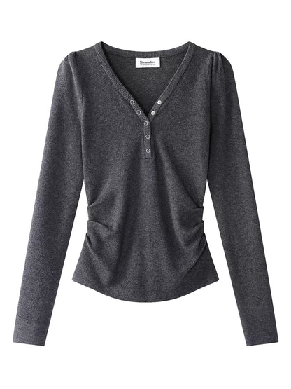 Dark Gray Sweet-Chic V-Neck Slim Knit Top for Women