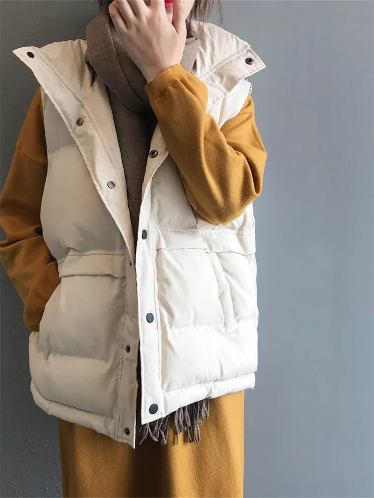 Women's Cream Beige Puffer Vest with Drawstring Waist Stand Collar