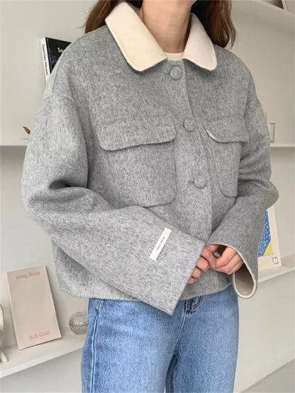 Women's Vintage Grey Woolen Short Jacket with Contrast Cream Collar