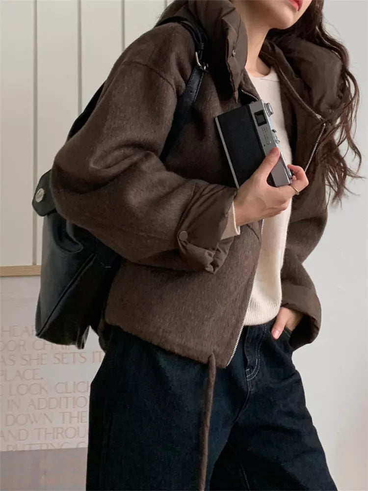 Women's Coffee Brown Woolen Zip-Up Short Jacket with Detachable Hooded Insert