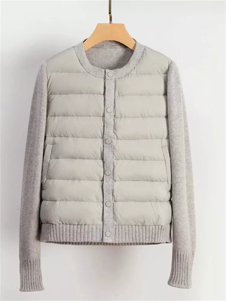 Women's French Chic Beige Knit Spliced Puffer Jacket
