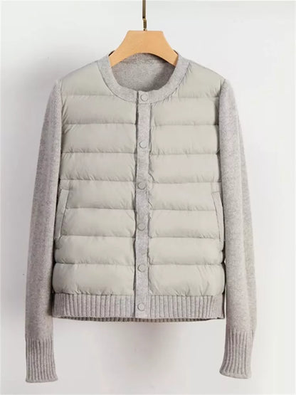 Women's French Chic Beige Knit Spliced Puffer Jacket