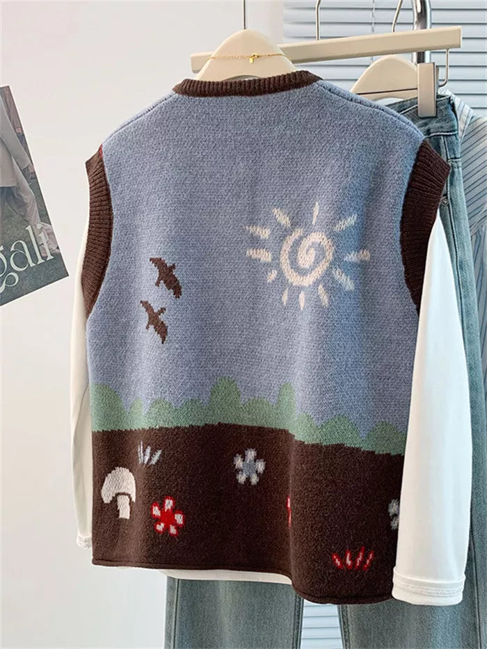 Women's Artistic Landscape Jacquard Knit Vest  Vintage Sun & Bird Pattern Button Down Waistcoat