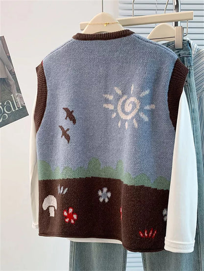 Women's Artistic Landscape Jacquard Knit Vest  Vintage Sun & Bird Pattern Button Down Waistcoat