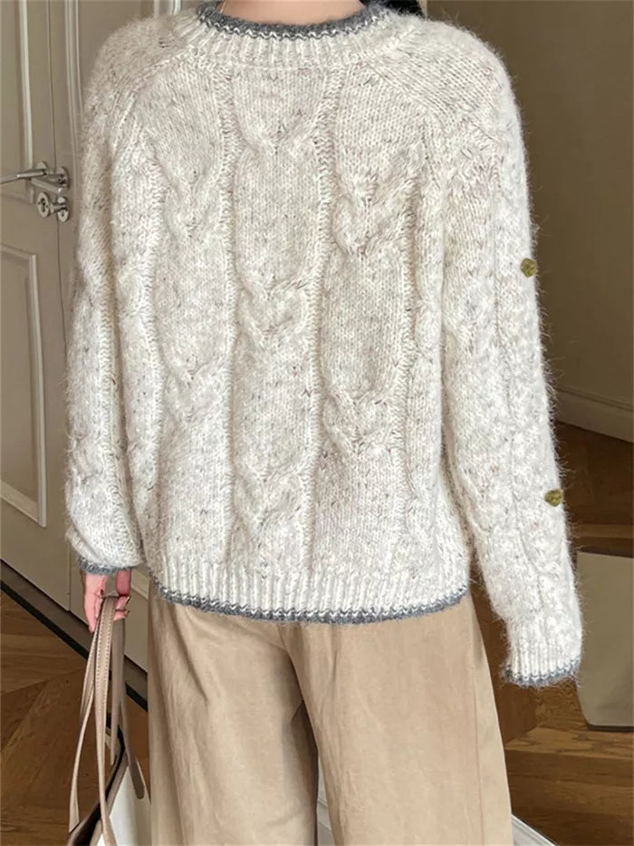Women's Cream Cable Knit Cardigan with Blue Floral Embroidery