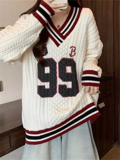 Women's Vintage Preppy Style V-Neck Cable Knit Sweater