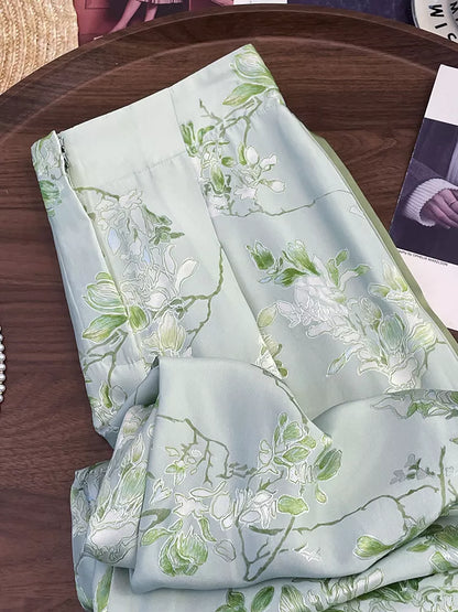 Women's New Chinese Style Green Floral Wide Leg Pants High Waist Satin Vintage Straight Trousers