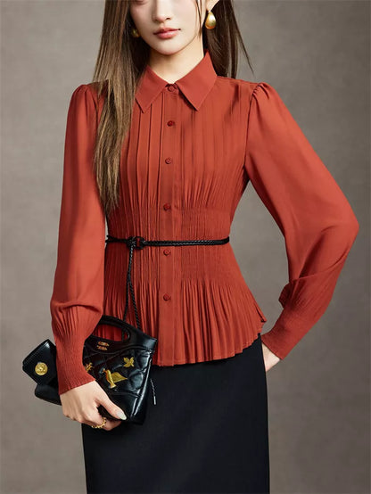 Women's Elegant Rust Orange Pleated Blouse