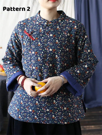 Women's Vintage Chinese Style Blue Floral Padded Jacket Cotton Linen Frog Button Short Coat