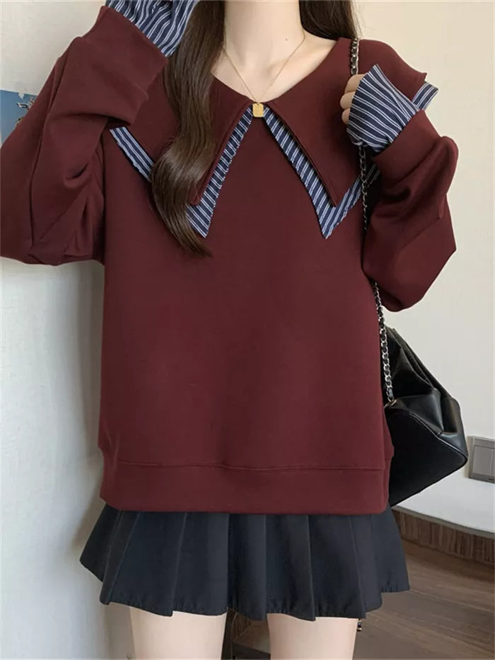 Women's Burgundy Sailor Collar Sweatshirt Fake Two-Piece Striped Pullover