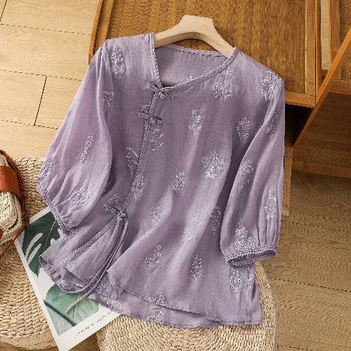 Embroidered Asymmetrical Placket Three Quarter Sleeve Shirt - Purple