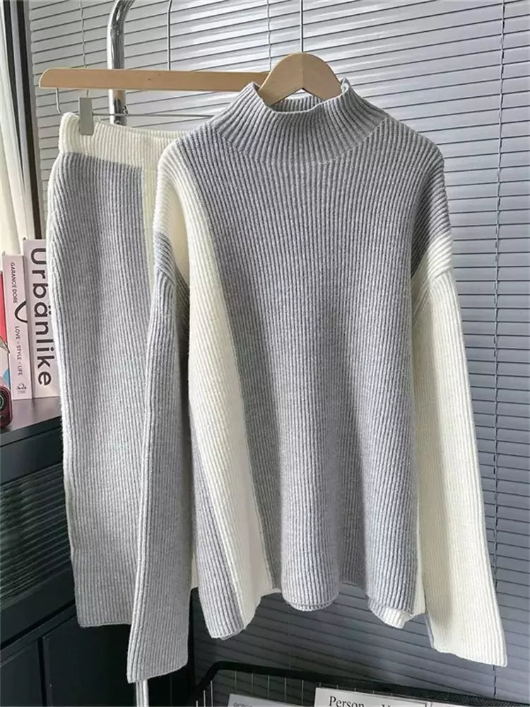 Women's Color Block High Neck Sweater and Midi Skirt Set