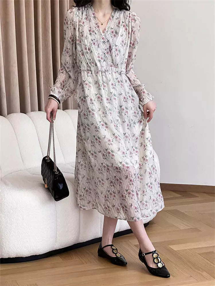 Women's Relaxed Fit Cinched Waist V-Neck Floral Maxi Dress