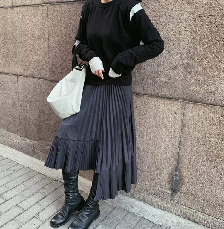 High-Waist Black Pleated Midi Skirt with Irregular Fishtail Hem