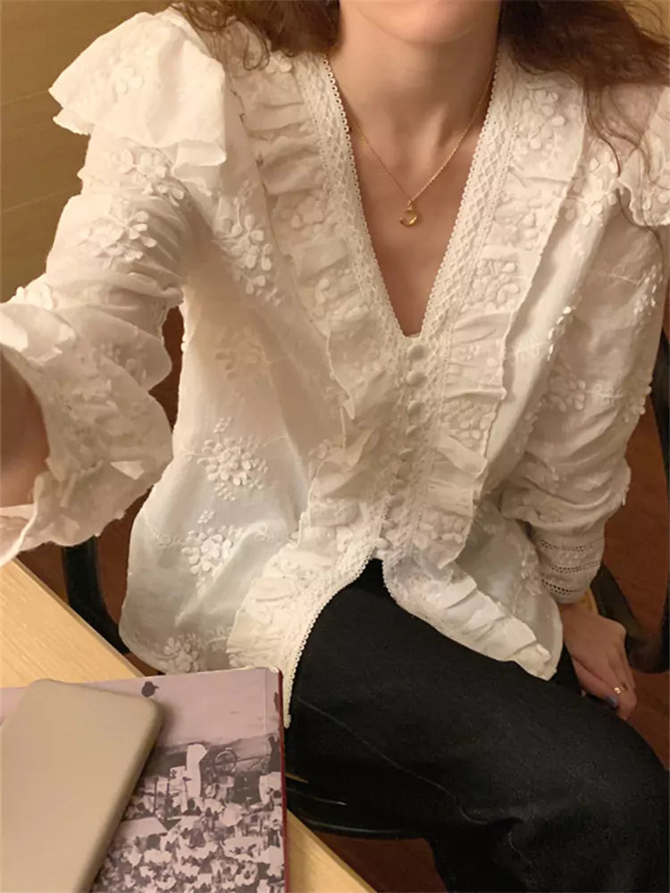 French Chic V-Neck Blouse with Heavy Floral Embroidery and Ruffled Lace Trim