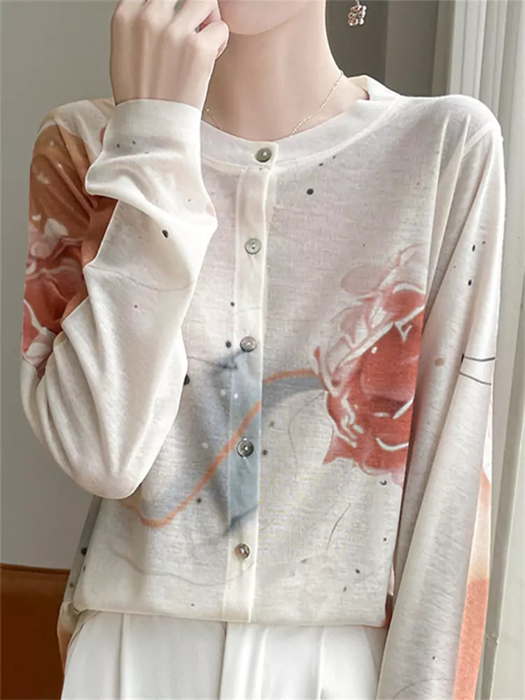 Lightweight Wool Knit Cardigan with Rose Floral Print