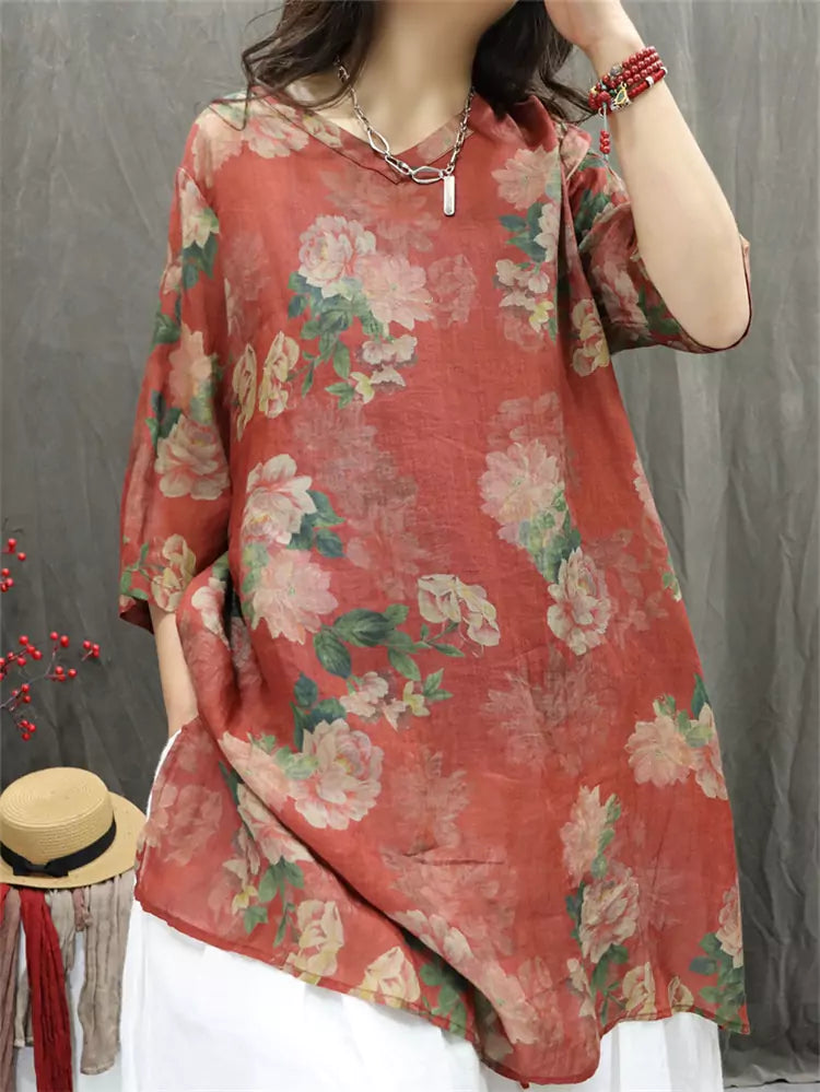 Schwarzes, locker geschnittenes, mittellanges Ramie-Top im Vintage-Stil mit 3/4-Ärmeln und Blumenmuster