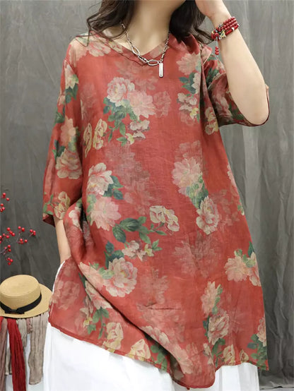 Schwarzes, locker geschnittenes, mittellanges Ramie-Top im Vintage-Stil mit 3/4-Ärmeln und Blumenmuster