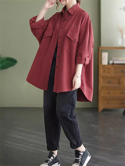 Plus Size Pockets Solid Color Long Shirt for Women