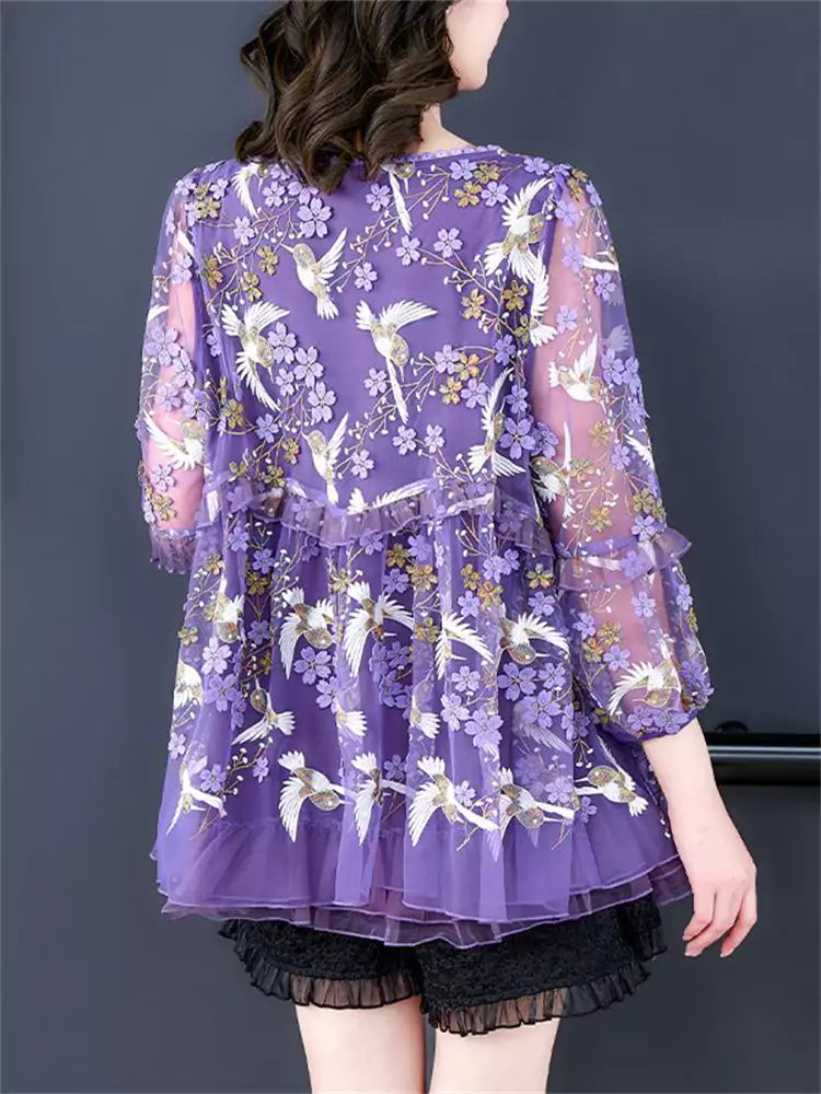 Plus Size Elegant Round Neck Embroidered Lace Blouse for Women