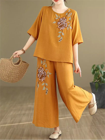 Conjunto de dos piezas de lino y algodón bordado vintage para mujer: blusa holgada y pantalones anchos.