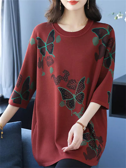 Top de punto estampado con cuello redondo y manga corta para mujer, de talla grande y moderno