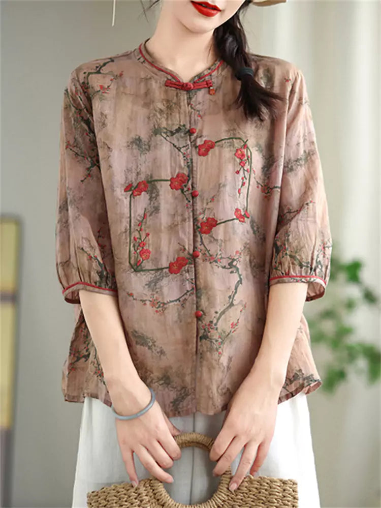 Lightweight Loose Fit Five-Sleeve Chinese Style Ramie Blouse for Women