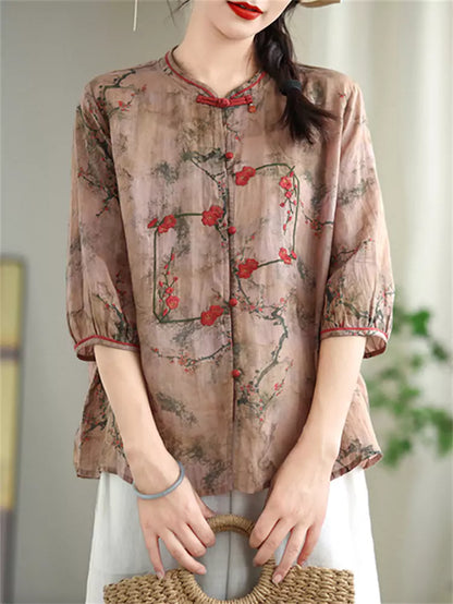 Leichte, locker sitzende Fünf-Ärmel-Bluse aus Ramie im chinesischen Stil für Damen