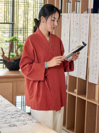Vintage-Bluse aus gewaschenem Leinen-Baumwoll-Mischgewebe im chinesischen Stil mit Stehkragen für Damen