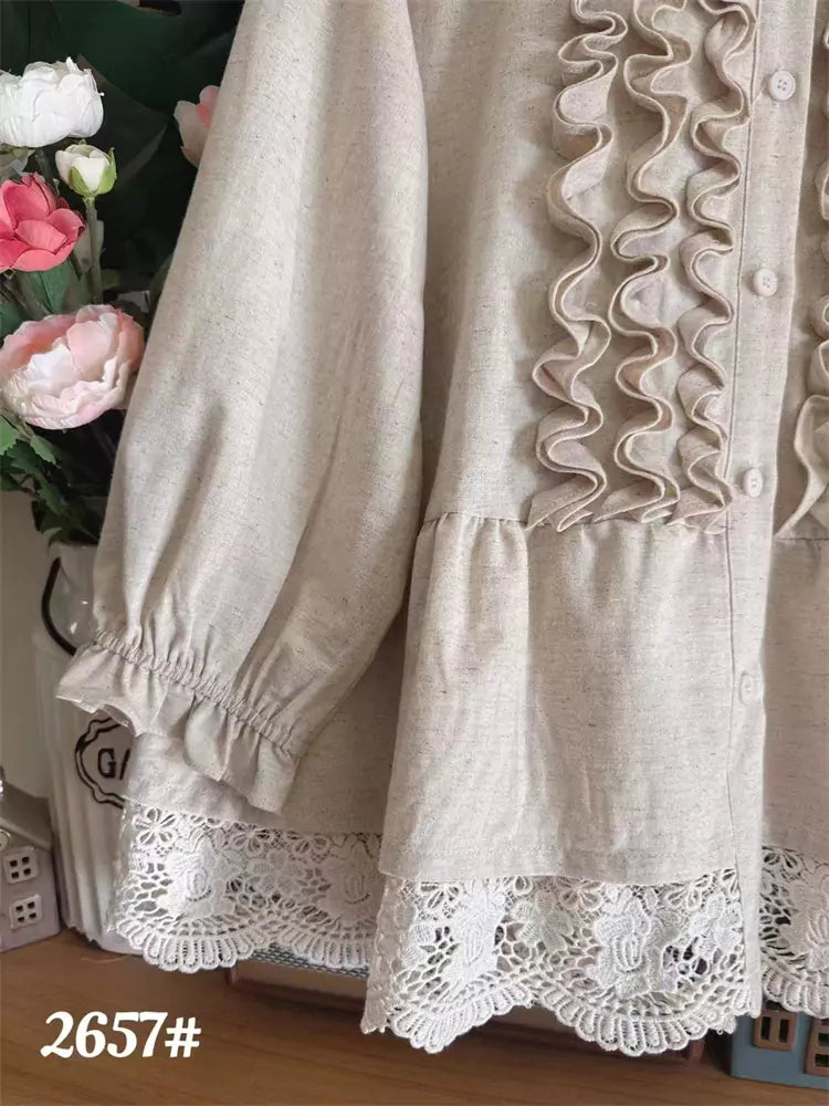 Blusa de lino y algodón con volantes estilo japonés para mujer, manga larga
