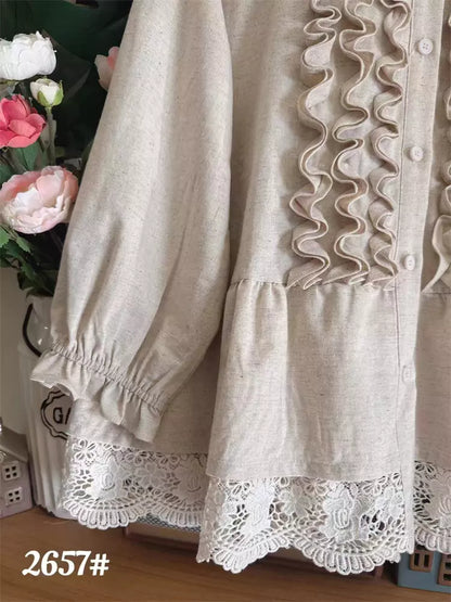 Japanische Bluse aus Baumwoll-Leinen mit süßen Rüschen für Damen, langärmelig