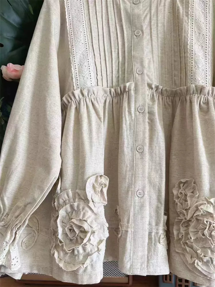 Women's Cotton Accordion Pleated Long Sleeve Heavy Embroidered Babydoll Blouse
