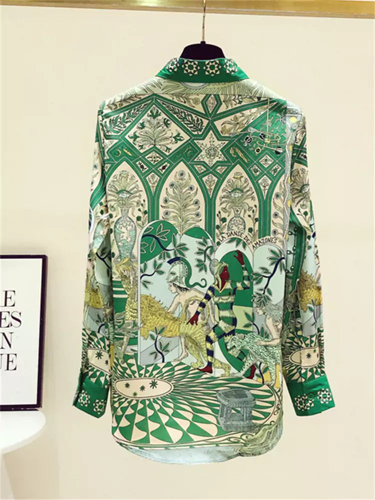 High-End Chiffon Blouse with Retro Print