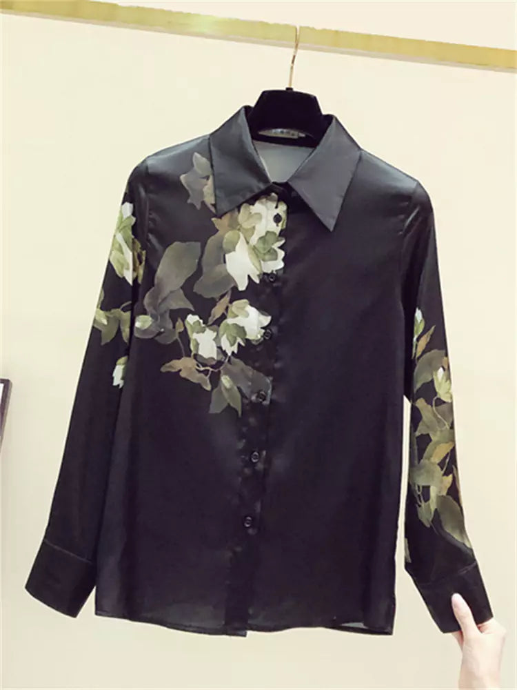 Vintage Black Floral Print Silk Blouse for Women Long Sleeve