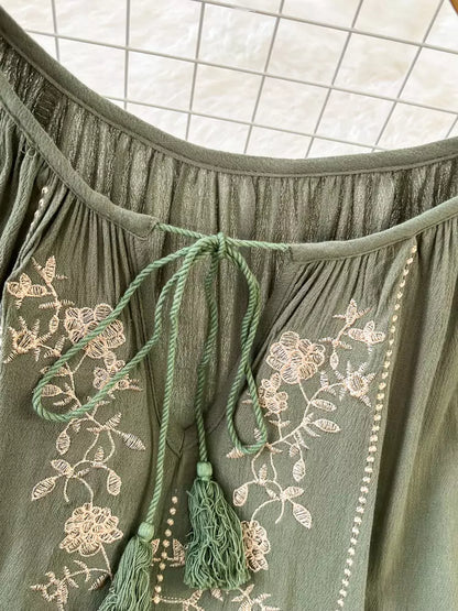 Vintage rote Babydoll-Bluse im Boho-Stil mit Stickerei und langen Ärmeln für Damen