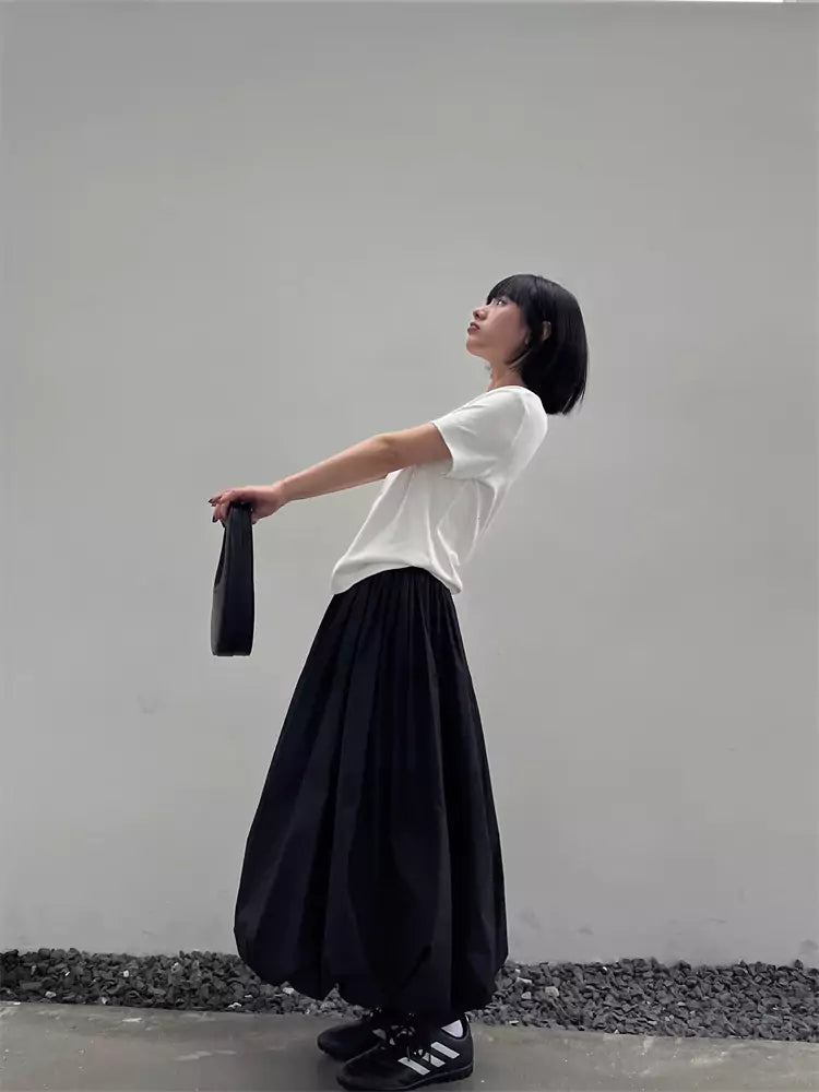 Japanese Style Black Pleated Puff A-Line Midi Skirt for Women