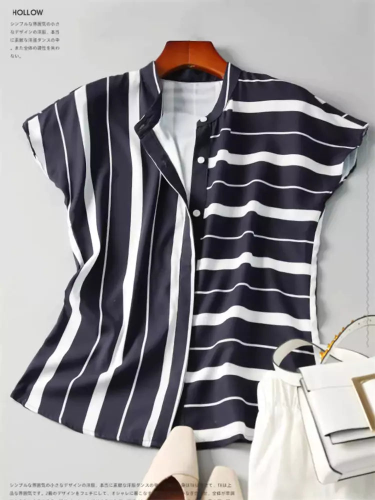 French Style Striped Chiffon Short Sleeve Stand Collar Blouse for Women