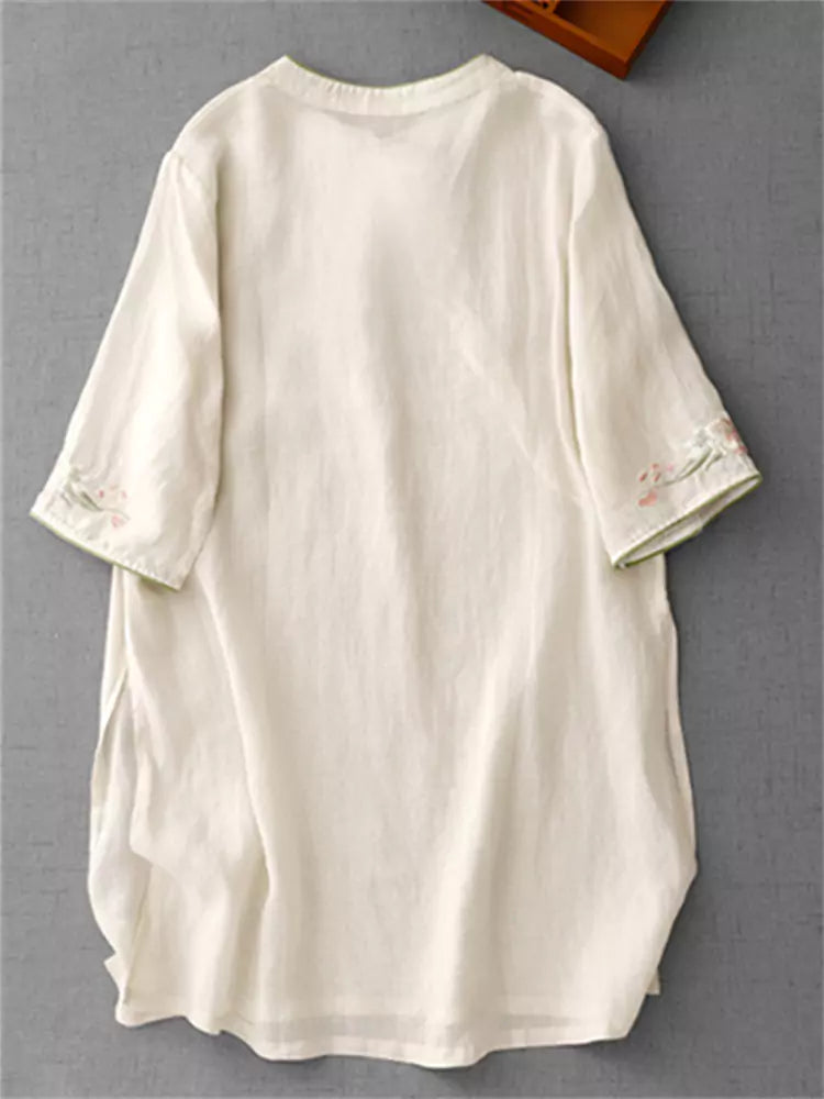 Vintage-Bluse aus Baumwoll-Leinen-Mischgewebe mit diagonal verlaufender, bestickter Knopfleiste in Rosa für Damen
