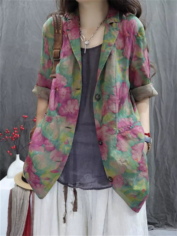 Vintage Printed Cotton Linen Blazer Jacket for Women