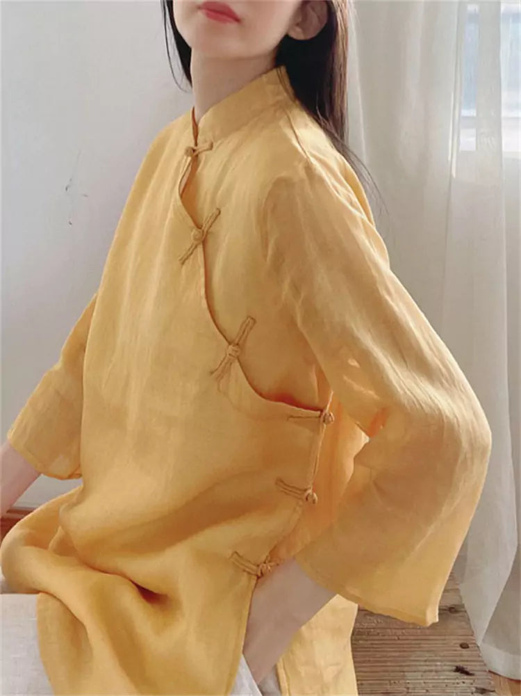 New Chinese Style Diagonal Placket Linen Blouse for Women