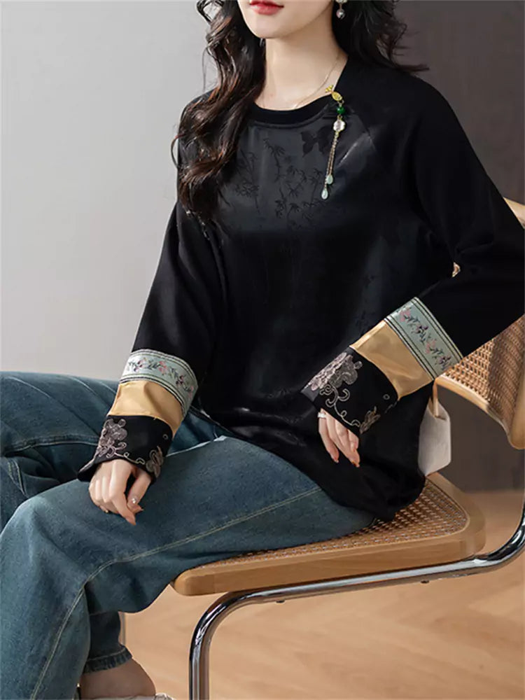 Neue chinesische Bluse im Jacquard-Stil mit Stickerei, Rundhalsausschnitt und langen Ärmeln für Damen