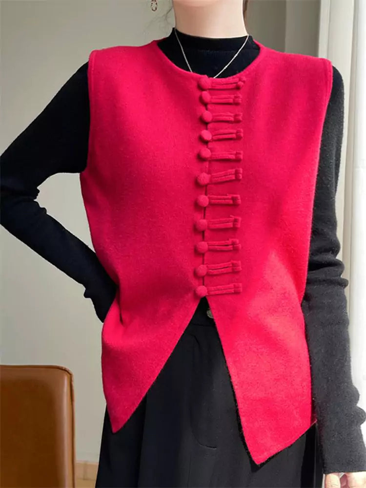 Nuevo chaleco de punto estilo chino color camello para mujer, otoño/invierno, sin mangas, holgado, con cierre de botón de rana