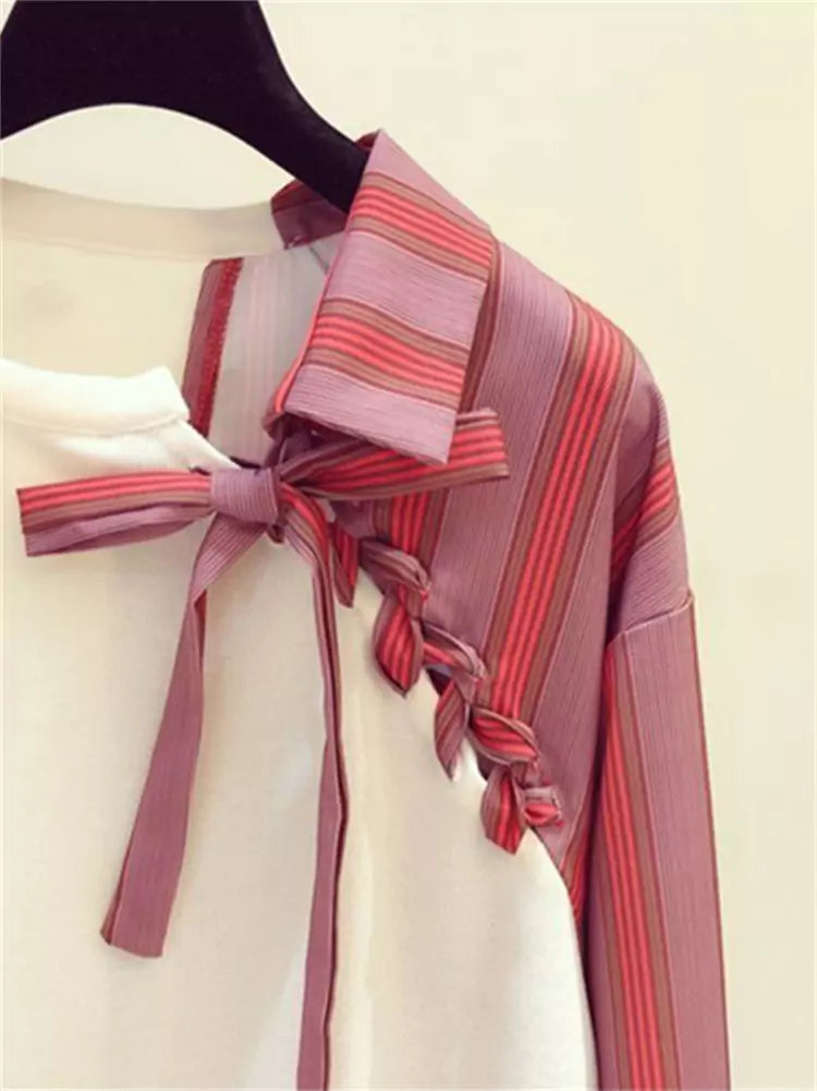 Stylish Lace Up Striped Patchwork Asymmetric Sweatshirt for Women