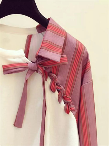 Sudadera asimétrica con patchwork a rayas y cordones para mujer