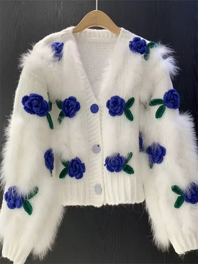 Cárdigan de crochet con rosas 3D y detalles florales peludos para mujer