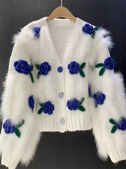 Cárdigan de crochet con rosas 3D y detalles florales peludos para mujer