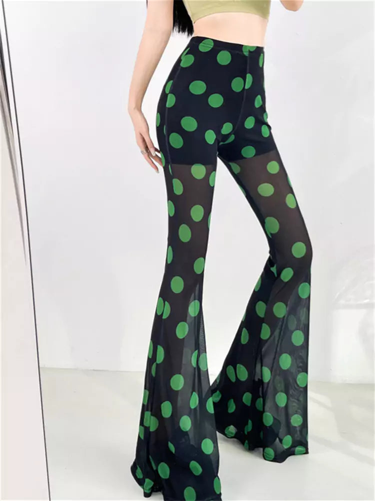 Pantalones acampanados de cintura alta con lunares y malla transparente de verano para mujer